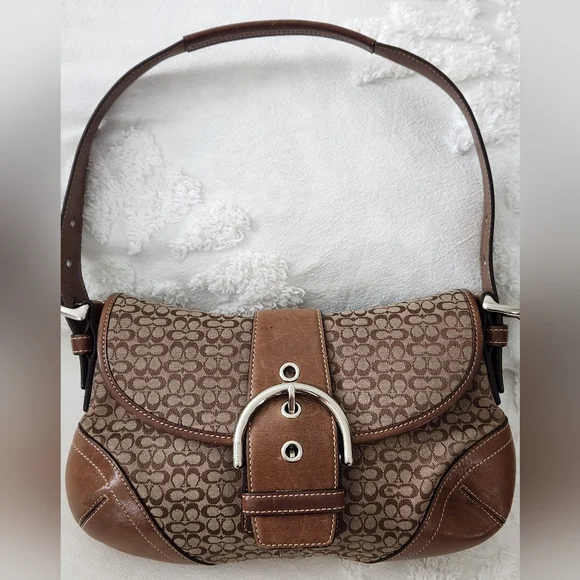 Coach Tan and Brown Signature Shoulder Bag With Leather Corner Accents H04W-6818 - Picture 1 of 14